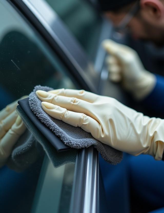 Tenaga ahli sedang membersihkan kaca depan mobil dengan cermat